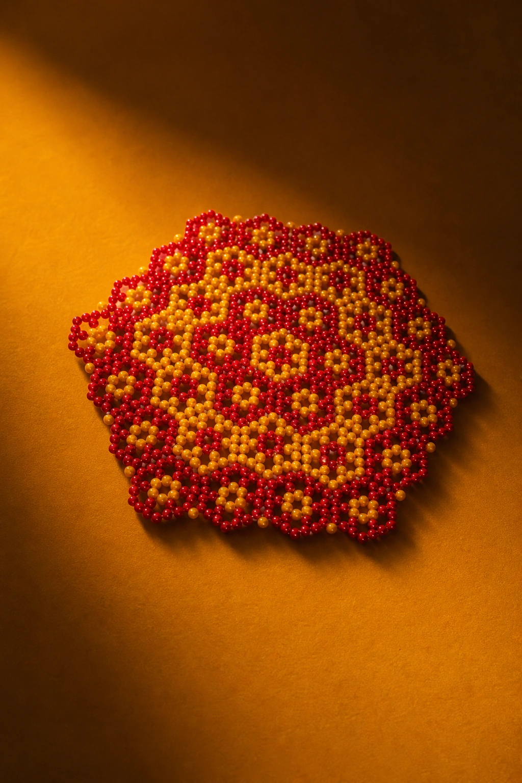 Red and saffron handmade bead rangoli on a warm amber surface.