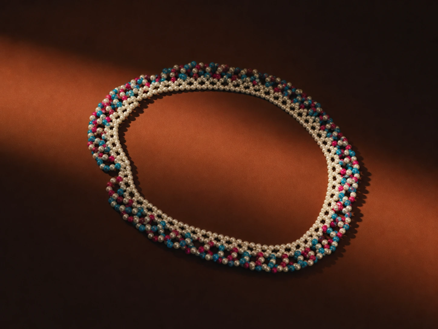 Blue, pink, and cream handmade bead necklace-style piece on a rust and midnight surface.