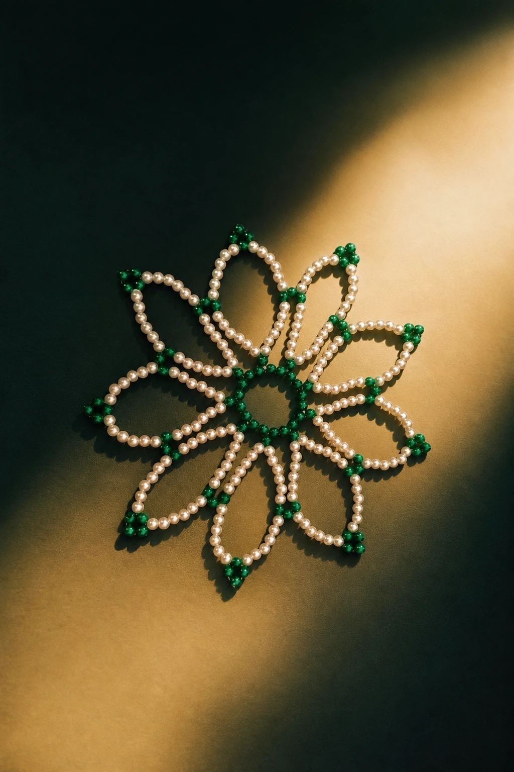 Green and cream handmade bead flower on a dark green and gold surface.