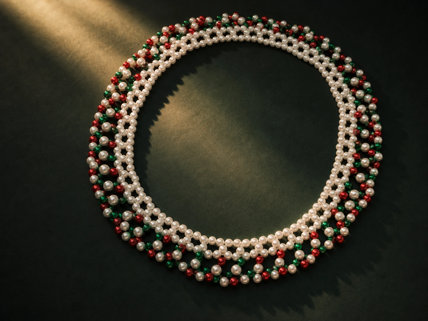 Red, green, and cream handmade bead necklace-style piece on a dark surface.